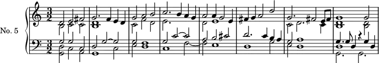 
\version "2.14.2"
\header {
  tagline = ##f
}
upper = \relative c' {
  \clef treble 
  \key a \minor
  \time 3/2
  \tempo 2 = 100
  \autoBeamOff
  \set Staff.midiInstrument = #"harpsichord"

    << { d2 e fis g2. f4 e d g2 a b c2. b4 a g a2 a4 g2 e4 fis4 g a2 d } \\ { b,2 c c < d b >1 s2 c2 f d e2. s2. d2 e1 } >>
    << { g2. fis2 e8 fis g1 g2 } \\ { c,2 d2. c4 < d b >1 < d b >2 } >>

}

lower = \relative c {
  \clef bass
  \key a \minor
  \time 3/2
  \set Staff.midiInstrument = #"harpsichord"

    << { g'2 g c, d g2~ g g f1 g2 c2~ c a b cis d2. c4 b a g2 a1 } \\ { < d, g, >2 c a g1 c2 e d1 c f2~ f e1 d g2 e d1 } >>
    << { g4. g8 d4 r4 g4 d } \\ { g,2. g2. } \\ { d'1 } >>

}

\score {
  \new PianoStaff <<
    \set PianoStaff.instrumentName = #"No. 5"
    \new Staff = "upper" \upper
    \new Staff = "lower" \lower
  >>
  \layout {
    \context {
      \Score
      \remove "Metronome_mark_engraver"
    }
  }
  \midi { }
}
