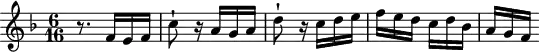 \version "2.18.2"
\header {
tagline = ##f
}
\score {
\new Staff \with {
}
<<
\relative c' {
\clef treble
\key f \major
\time 6/16
\set Staff.midiInstrument = #"harpsichord"
%% SUJET fugue CBT II-11, BWV 880, fa majeur
r8. f16 e f | c'8-! r16 a g a | d8-! r16 c d e | f e d c d bes | a g f
}
>>
\layout {
\context { \Score \remove "Metronome_mark_engraver" }
}
\midi {}
}