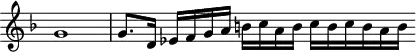 
\header {
  tagline = ##f
}

\score {
  \new Staff \with {
     \remove "Time_signature_engraver"
  }
<<
  \relative c'' {
    \key f \major
    %\clef bass
    \time 2/2
    \override TupletBracket #'bracket-visibility = ##f 

     %%% f° 31v
     g1 \time 4/2 g8. d16 ees[ f g a] b![ c a b] c[ b c b a b]
  }
>>
  \layout {
     \context { \Score \remove "Metronome_mark_engraver" }
  }
  \midi {}
}
