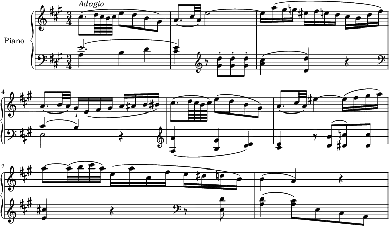\version "2.18.2"
\header {
tagline = ##f
}
upper = \relative c' {
\clef treble
\key a \major
\time 3/4
\tempo "Adagio" 4 = 40
cis'8. ^\markup{ \italic { Adagio} } (d64 cis b cis e8 d b gis)
a8. (cis32 a) e'2 ~
e16 a (gis g eis fis e d cis b d fis)
a,8. (b32 a) gis16-! e (fis gis a ais b bis)
cis8. (d64 cis b cis) e8 (d b gis)
a8. (cis32 a) eis'4 ~ eis16 (fis gis a)
a8 ~ a32 (b cis a) e16 (a cis, fis e dis d b)
b4 (a) r
}
lower = \relative c {
\clef bass
\key a \major
\time 3/4
<<{\stemDown a'4 b d cis} \\ {\stemUp e2. ^(e4)}>>
\clef treble r8 <gis d'>8-. <gis d'>-. <gis d'>-.
<a cis>4 (<d, d'>) r \clef bass
<<{\stemDown e,2} \\ {\stemUp cis'4 ^(b)}>> r4 \clef treble
<a a'> (<b gis'> < d e>)
<cis e> r8 <d b'>8 ^ (<dis c'>) <dis c'>
<e cis'!>4 r \clef bass r8 <e, d'>8 <a d>4 (<a cis>8) e cis a
}
\score {
\new PianoStaff <<
\set PianoStaff.instrumentName = #"Piano"
\new Staff = "upper" \upper
\new Staff = "lower" \lower
>>
\layout {
\context {
\Score
\remove "Metronome_mark_engraver"
}
}
\midi { }
}