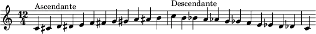 \relative c' {
\clef treble \time 12/4
c4^\markup { Ascendante } cis d dis e f fis g gis a ais b
c^\markup { Descendante } b bes a aes g ges f e es d des c
}