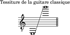 \header {
piece = "Tessiture de la guitare classique"
tagline = ##f
}
\score {
\relative c, {
\clef "treble_8"
\time 2/1
e1\glissando b''''
\bar "||"
}
\layout {
\context {
\Staff
\remove "Time_signature_engraver"
}
}
\midi {}
}
