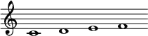 \relative c' { \cadenzaOn \omit Staff.TimeSignature \tempo 1 = 90 \set Score.tempoHideNote = ##t c1 d e f }
