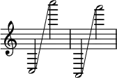 { \override Score.TimeSignature #'stencil = ##f c2 \glissando c''''2 a,2 \glissando a'''2 }