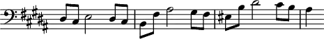\version "2.18.2"
\header {
tagline = ##f
}
\score {
\new Staff \with {
\remove "Time_signature_engraver"
}
<<
\relative c {
\clef bass
\key b \major
\time 2/2
%% CONTRE-SUJET fugue CBT II-23, BWV 892, si majeur
dis8 cis e2 dis8 cis b fis' ais2 gis8 fis eis b' dis2 cis8 b ais4
}
>>
\layout {
\context { \Score \remove "Metronome_mark_engraver"
}
}
\midi {}
}