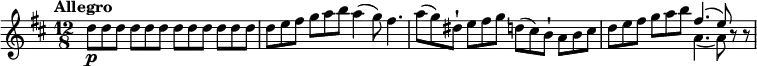 
\relative c' {
         \clef "treble" 
         \version "2.18.2"
         \tempo "Allegro" 
         \key d \major
         \time 12/8
                  d'8\p d d d d d d  d d d d d
                  d e fis g a b a4 (g8) fis4.
                  a8 (g) dis-! e fis g d (cis) b-! a b cis
                  d e fis g a  b << {fis4. (e8)} \\  {a,4. (a8)}>> r8 r8
         
}
