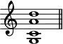 
\header {
  tagline = ##f
}

\score {
  \new Staff \with {
    \remove "Time_signature_engraver"
  }
  \relative c'' {
    \key c \major
    \time 9/1
    \tempo 1 = 60
    \autoBeamOff
    \clef treble
    \override Rest #'style = #'classical

      << g,1 c a' d >>

    \bar "||"
  }
  \layout {
    \context {
      \Score
      \remove "Metronome_mark_engraver"
    }
  }
  \midi {}
}
