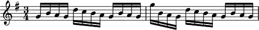 \version "2.18.2"
\header {
tagline = ##f
}
\score {
\new Staff \with {
}
<<
\relative c'' {
\clef treble
\key g \major
\time 3/4
\tempo 4 = 96
\set Staff.midiInstrument = #"harpsichord"
%% Prélude, BWV 902a, sol majeur
g16 b a g d' c b a g b a g g' b, a g d' c b a g b a g
}
>>
\layout {
\context { \Score \remove "Metronome_mark_engraver"
}
}
\midi {}
}
