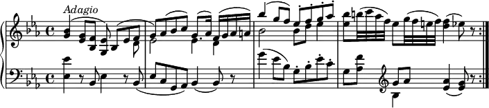 
\version "2.18.2"
\header {
  tagline = ##f
}
upper = \relative c'' {
  \clef treble
  \key ees \major
  \tempo "Adagio"
  \time 4/4
  \tempo 4 = 50
  <g bes>4^\markup{ \italic {Adagio} } ^( <ees g>8 <bes f'> <g ees'>)) 
  <<{\stemDown s4 d'8 ees2 ees4 d bes'2 bes8 d ees4 } \\ { \stemUp bes,8 ^(ees f g) aes ^ (bes c) g8. ^ (aes16) f ^(g aes a) bes'4 ^ (g8 f) ees ^\staccato f ^\staccato g ^\staccato aes ^\staccato}>>
  <ees bes'>8 b'32 (c aes f) ees8 g32 (f e f) <d f>4 (ees8) r \bar ":|."
}

lower =\relative c' {
  \clef bass
  \key ees \major
  <ees, ees'>4 r8 bes8 ees4 r8 bes8
  (ees c g aes) bes4 (bes8) r
  g''4 (ees8 bes) g-. bes-. ees-. c-.
  g [<aes f'>]  \clef treble
  <<{\stemDown bes4} \\ { \stemUp g'8 aes }>> <ees aes>4 (<ees g>8) r  \bar ":|."
}
\score {
  \new PianoStaff <<  
    \new Staff = "upper" \upper
    \new Staff = "lower" \lower
  >>
  \layout {
    \context {
      \Score
      \remove "Metronome_mark_engraver"
    }
  }
  \midi { }
}
