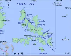 Emplacement du canal Franklin, entre les îles Wollaston et les îles L'Hermite.