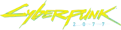 « Cyberpunk » écrit en jaune, sous-titré par « 2077 » en bleu.