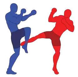 Absorption d’un coup de pied bas circulaire (low kick) en boxe birmane.