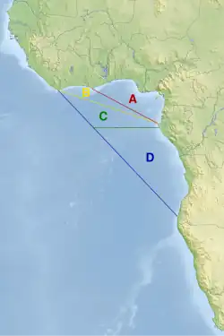 Différentes façons de cartographier le golfe de Guinée : * A ou golfe intérieur, * AB ou golfe selon l'OHI, * ABC ou golfe selon une variante de l'OHI * ABCD ou golfe selon la Commission du Golfe de Guinée.