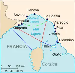 Carte de la mer de Ligurie avec en rouge ses limites selon l'Organisation hydrographique internationale et en bleu selon l'Institut hydrographique de la Marine militaire italienne (it).