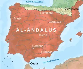 Carte montrant l'expansion maximale d'Al-Andalus