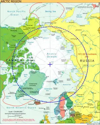 Carte de l'Arctique, le cercle polaire arctique représenté en bleu et l'isotherme à 10 °C du mois de juillet en 2002 en rouge.