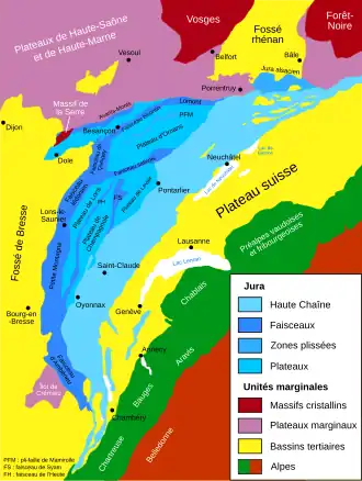 Carte géologique simplifiée des unités structurales du massif du Jura.