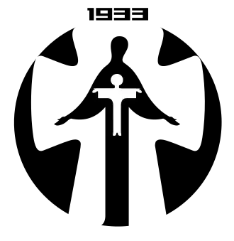 Logo noir et blanc figurant une silhouette d'adulte mince aux bras écartés et un enfant