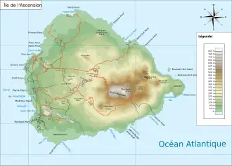 Carte de l'île[Georgetown est à l'ouest, entreCatherine Point, Tartar Rock et Cross Hill ;le pic de Green Mountain au centre-est].