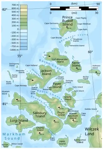 Carte de l'archipel François-Joseph, l'île Hofmann est à l'est