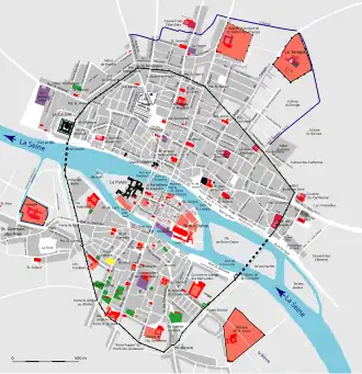 A gauche de l'île de la Cité, « Ile des Juifs » au cœur de Paris et le cimetière juif colorié en jaune (entre l'actuel musée de Cluny et l'université Paris-Descartes), plan de Paris restitué de 1300-1330.