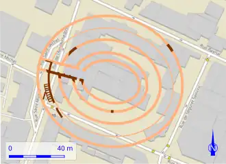 Plan de l'amphithéâtre.  .mw-parser-output .legende-bloc-centre{display:table;margin:0 auto;text-align:left}.mw-parser-output .legende-bloc ul li{font-size:90%}.mw-parser-output .legende-bloc-vertical ul li{list-style:none;margin:1px 0 0 -1.5em}.mw-parser-output .legende-bloc-vertical ul li li{list-style:none;margin:1px 0 0 -1.0em}