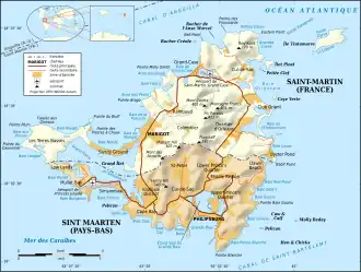 Carte de Saint-Martin avec l'îlet Pinel au nord-est.