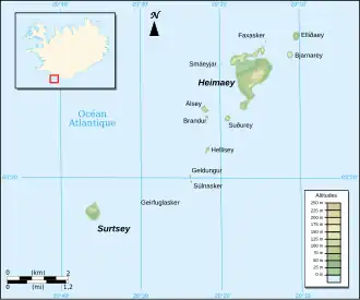 Carte topographique des îles Vestmann.