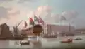 HMS St Albans&nbsp;(en) au Deptford Dockyard, 1747. Le nouveau navire de guerre arbore le drapeau de l'Amirauté, l'étendard royal, un Union Flag, et un Red Ensign à l'arrière. Un Union Flag flotte du mât à terre. (John Cleveley l'Ancien&nbsp;(en), National Maritime Museum).