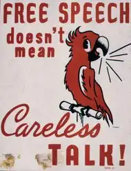 Un perroquet stylisé crie "Free speech doesn't mean careless talk"