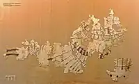 Toile peinte du site de Gebelein : cortège de bateaux, groupe de personnages dansants ou en deuil et chasse à l'hippopotame Toiles peintes. Nagada II (3650 –3300 AEC). Musée égyptologique de Turin