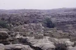 des maisons construrent presque au sommet d'un falaise, le plateau Dogon