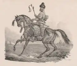 Dessin de cavalier sur un cheval harnaché.