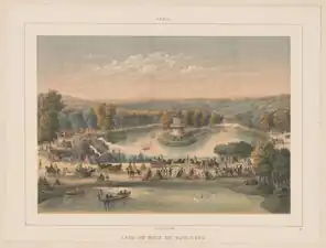 Le lac Supérieur et le lac Inférieur avec le kiosque de l'Empereur. Peinture de Charles Rivière (années 1870).
