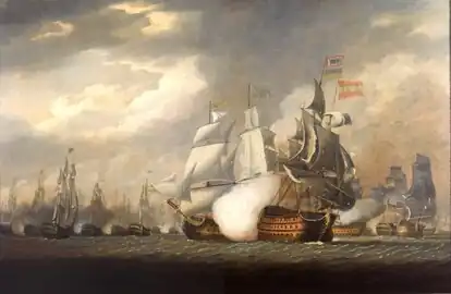 Le HMS&nbsp;Victory (à gauche, 100 canons) étrillant le navire espagnol Salvador del Mundo (à droite, 112 canons) le 14 février 1797, et lui faisant amener son pavillon  (début de l'action). Tableau de Robert Cleveley (1747–1809), daté de 1798.