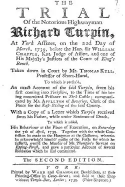 Première page de la brochure intitulée Le Procès du fameux voleur de grand chemin, Richard Turpin.