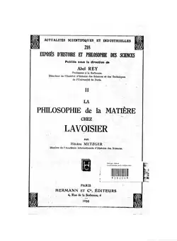 Couverture d'un uvrage sur la philosophie de la matière chez Lavoisier, publié en 1935.