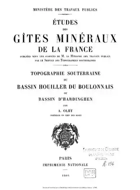 Couverture en noir et blanc de l'ouvrage d'Albert Olry intitulé Topographie souterraine du bassin houiller du Boulonnais ou bassin d'Hardinghen, publié en 1904. Cliquer sur la couverture permet d'accéder à l'ouvrage au format pdf.